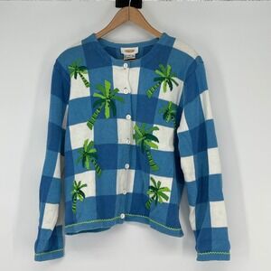 Vintage Talbots Beaded Palm Tree Cardigan Sweater Blue White‎ Gingham Size L